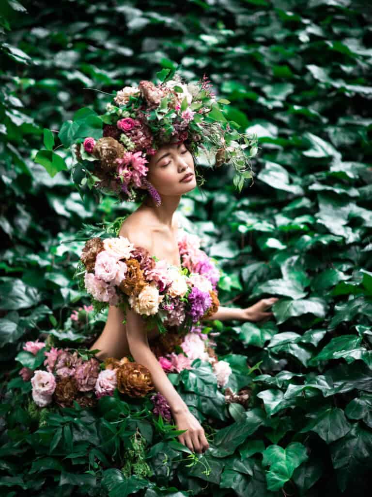Model: Mari Hirao Muah: Hitomi Haga. Photographer: Elena Tyutina. Flower design by Julia Rose. Floral couture - flower dress - designer 