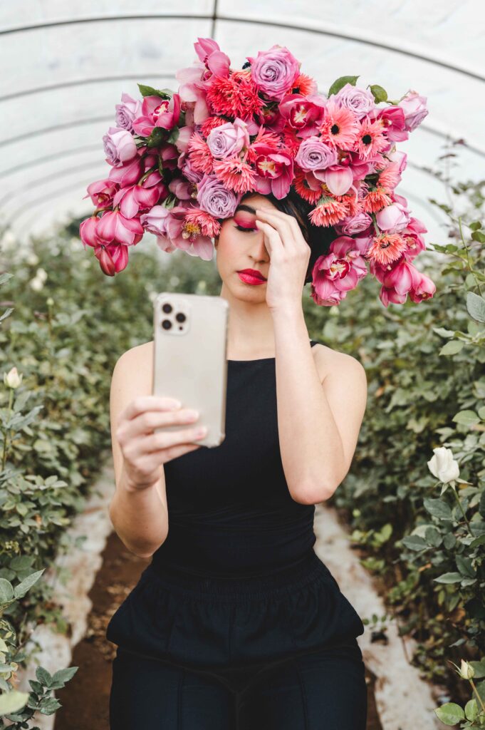 Large Fresh Floral headpiece designed by Julia Rose. Cymbidiums Roses Gerberas Pink Designer Australia